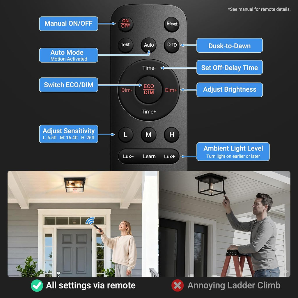 Black Motion Sensor Outdoor Ceiling Light with Remote Control, Flush Mount Ceiling Lighting for Porch, Garage