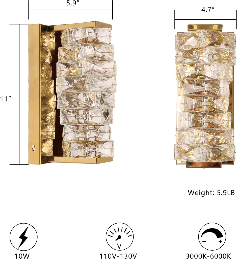 Gold Crystal Wall Sconce, Modern Dimmable LED Sconces Wall Lighting, Luxury Vanity Light Fixture Bathroom Wall