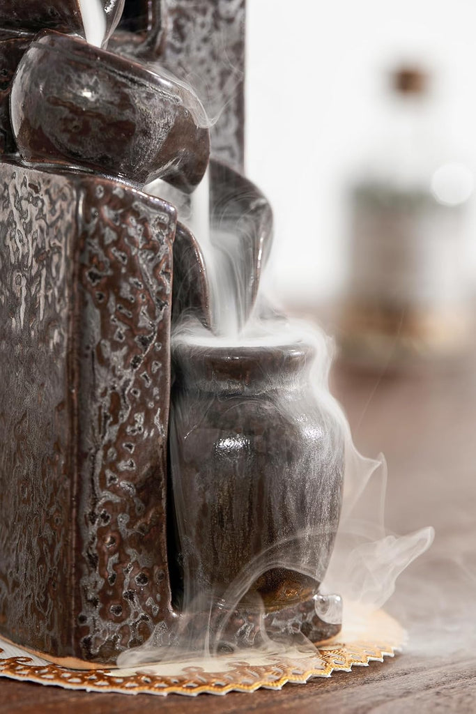 Unique Cascading Basins Ceramic Waterfall Incense Holder, Paired with a Pack of Backflow Incense Cones. (Metallic)