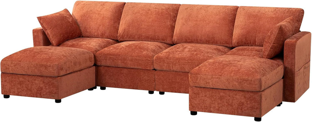 110” Chenille 4 Seater Sofa W/Movable Ottomans, Modern Fabric U-Shaped Couch w/Soft Backrests