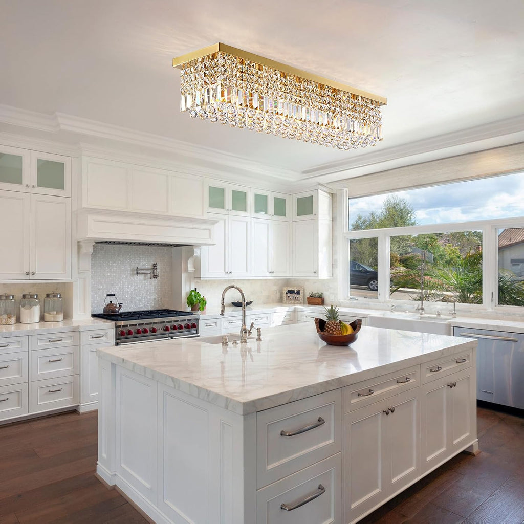 Rectangle Chandelier 8-Light Crystal Chandeliers, Modern Dining Room Light Fixture Luxury Gold Rectangular Flush