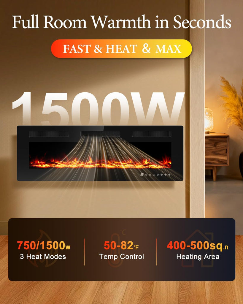 60" Electric Fireplace Insert| Wall Fireplace Electric with 3 Remote Controls |36 Custom Flame Effects