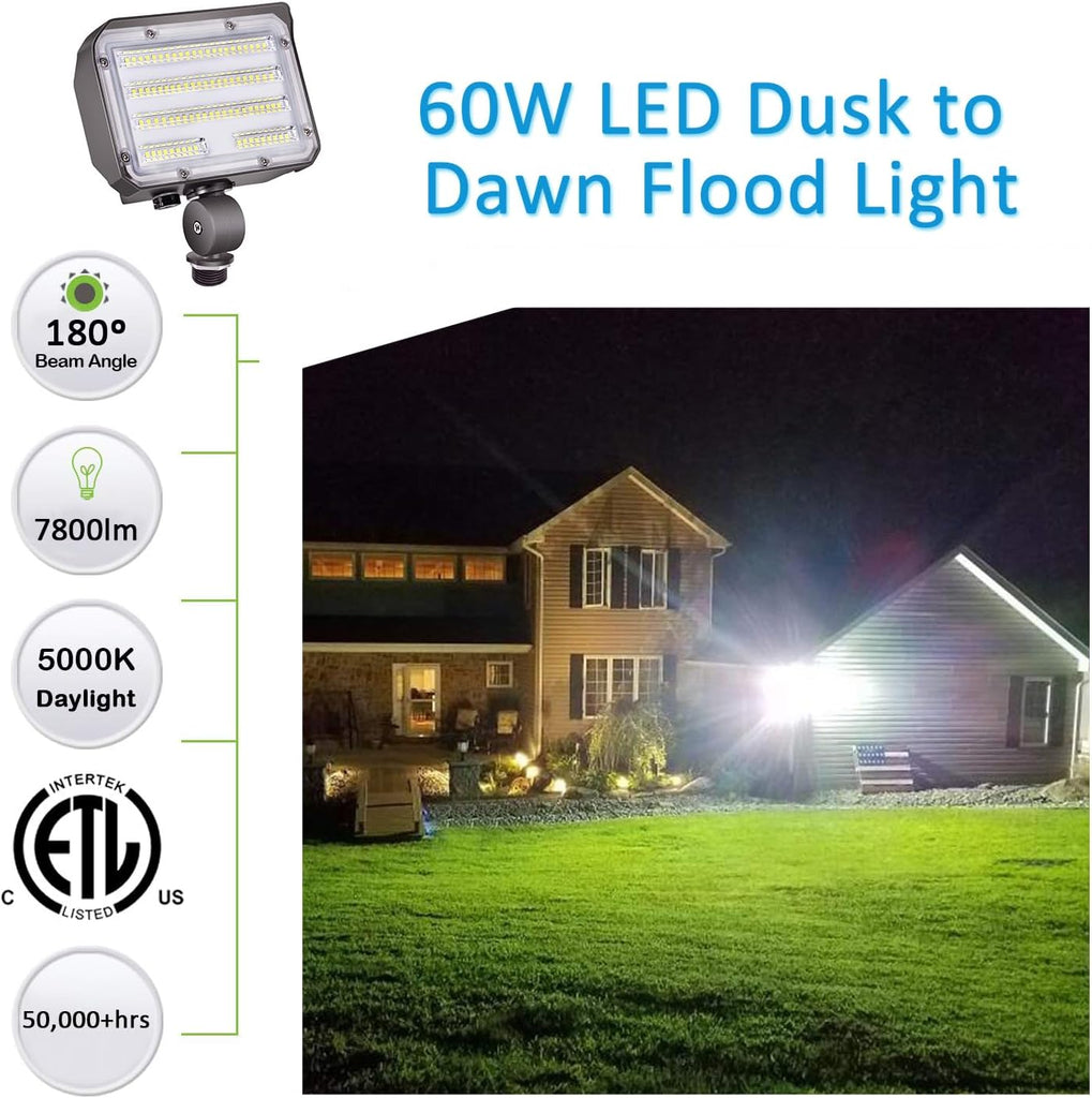 60W LED Flood Light with Knuckle, Outdoor Security Fixture Dusk-to-Dawn Photocell 5000K 7,800lm(300W Equivalent)