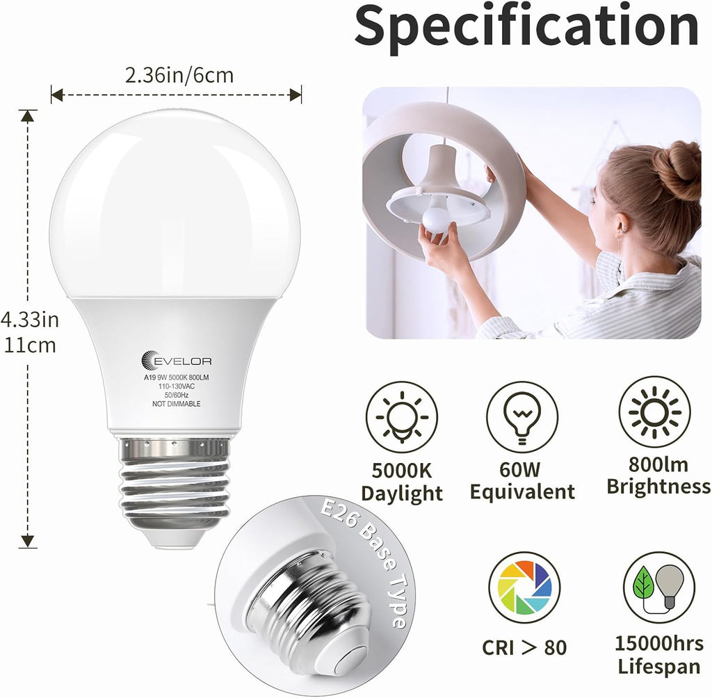 A19 LED Light Bulbs,60 Watt Equivalent Daylight 5000K with E26 Base,Efficient 9W,800 Lumens Non-Dimmable LED Bulbs