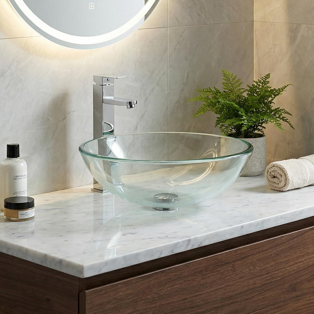 Bathroom Vessel Sink, Tempered Glass Vanity Round Bowl with Chrome Faucet and Pop up drain Set, Clear