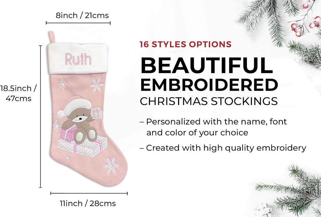 Personalized - Baby Girl Stocking - Pink Stocking - First Christmas - Embroidered Name - Large 18.5inch, Family