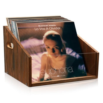 Vinyl Record Storage Crate - Wooden & Acrylic Record Storage Holds 70+ Records, Books, Files - Desktop & Home Office