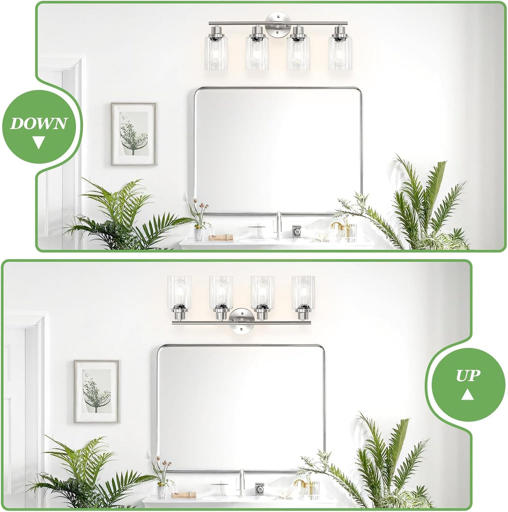 4-Light Nickel Bathroom Light Fixtures, E26 Modern Vanity Lights with Clear Glass Shade, Wall Lamps for Mirror