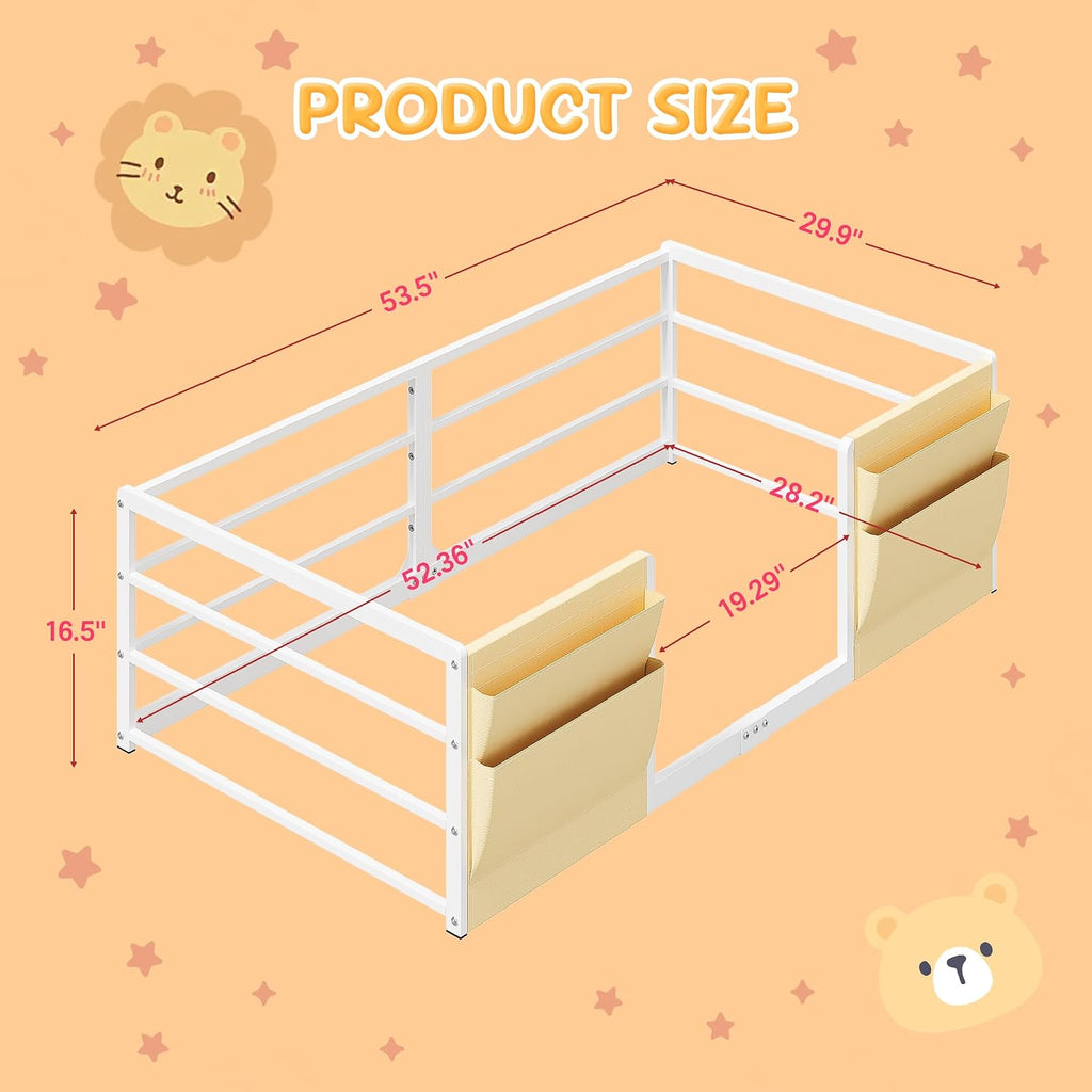 Floor Bed for Kids, White | Safety Guardrails, Montessori Bed Frame, Bedside Caddy, Suitable