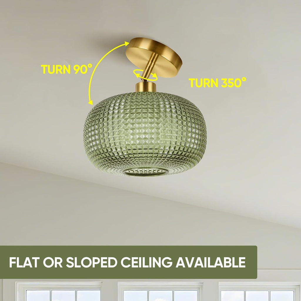 Semi Flush Mount Ceiling Light, Adjustable Hanging Gold Sloped Ceiling Lights with Green Glass Shade Vintage Hallway