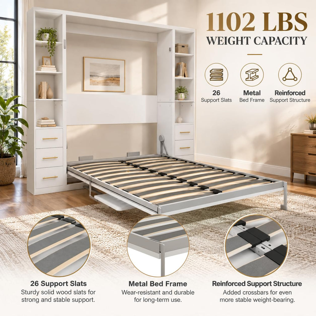 Murphy Bed with Desk Queen Foldable Wall Bed with Side Storage Cabinets
