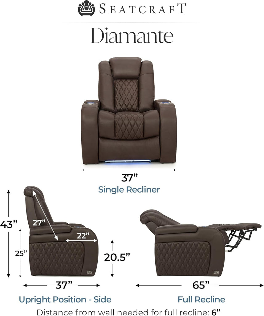 Diamante Zero-Gravity CoolZero Italian Leather Home Theater Seating, Power Headrest, Power Recline, Single Recliner