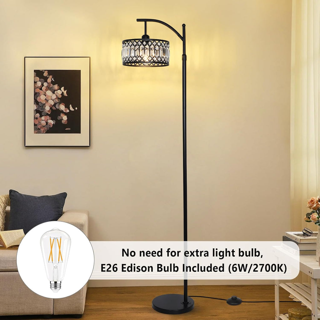 Crystal Floor Lamps, Modern Arc Floor Lamp, Black Standing Lamp with Edison Bulb, Height Adjustable Tall Lamp