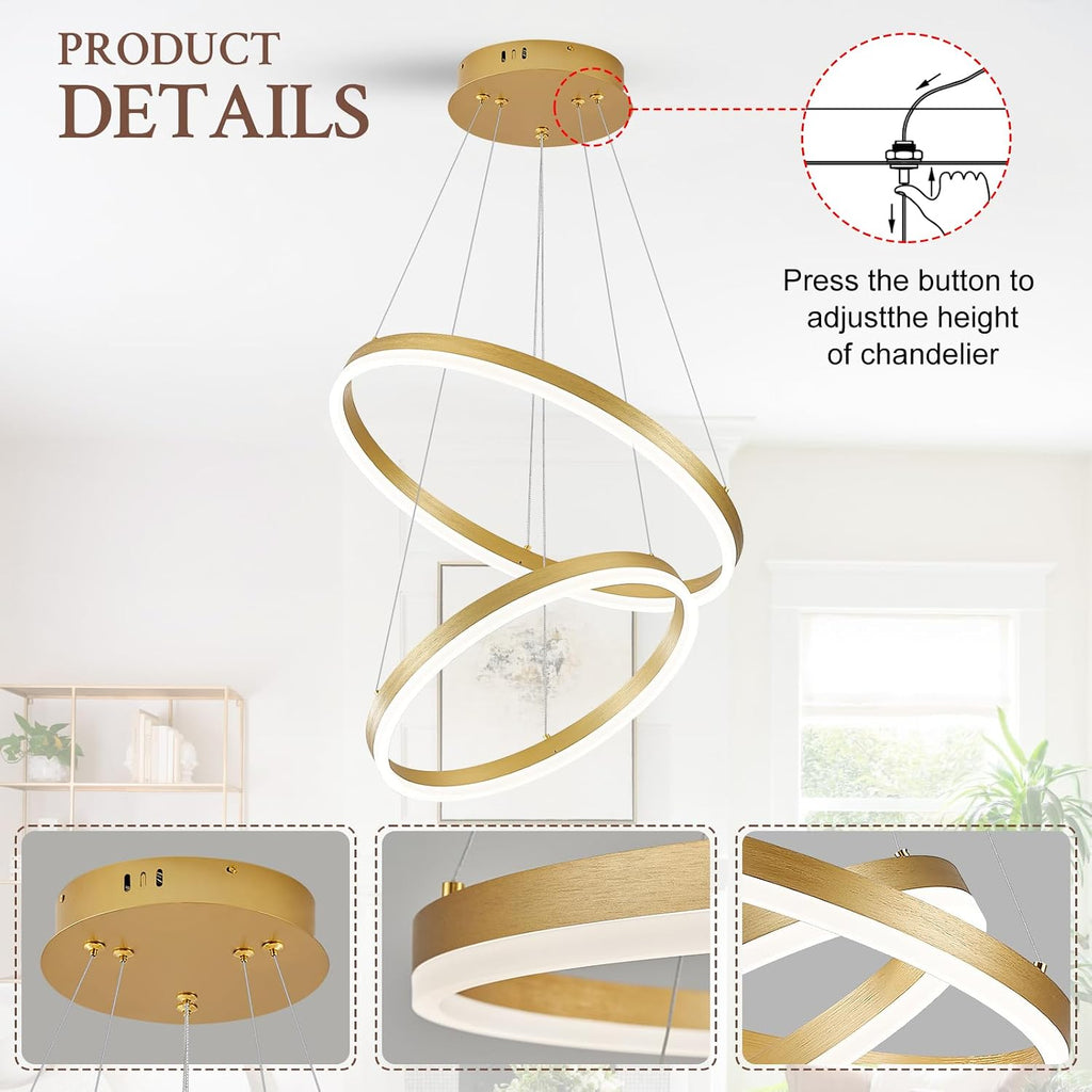 Modern LED Chandelier Gold 2-Rings Pendant Light Circular Flush Mount Ceiling Chandelier Lighting with Remote Control