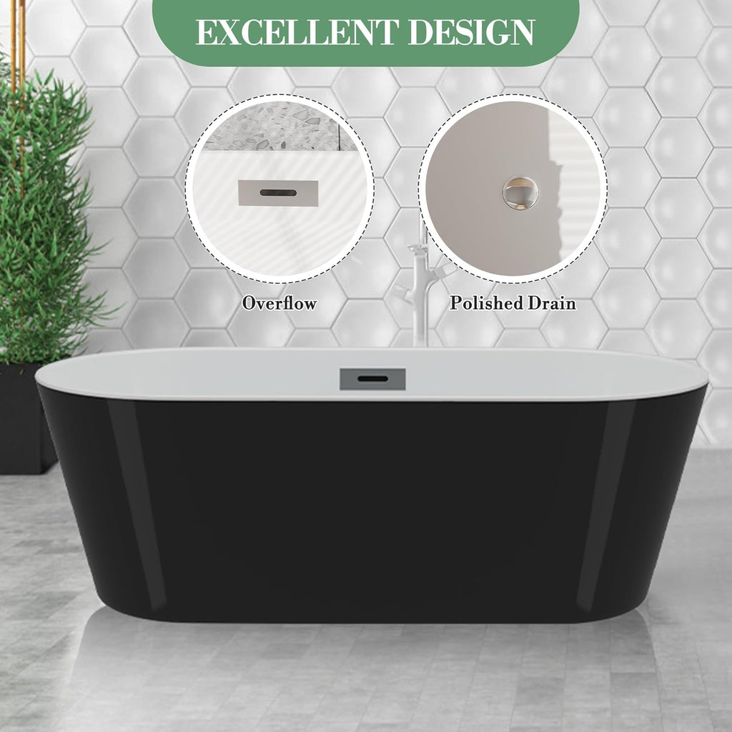 59 Inch Freestanding Bathtub, Acrylic, Deep Soaking Tub with Non-Slip Base, Modern Black Free Standing Tub for