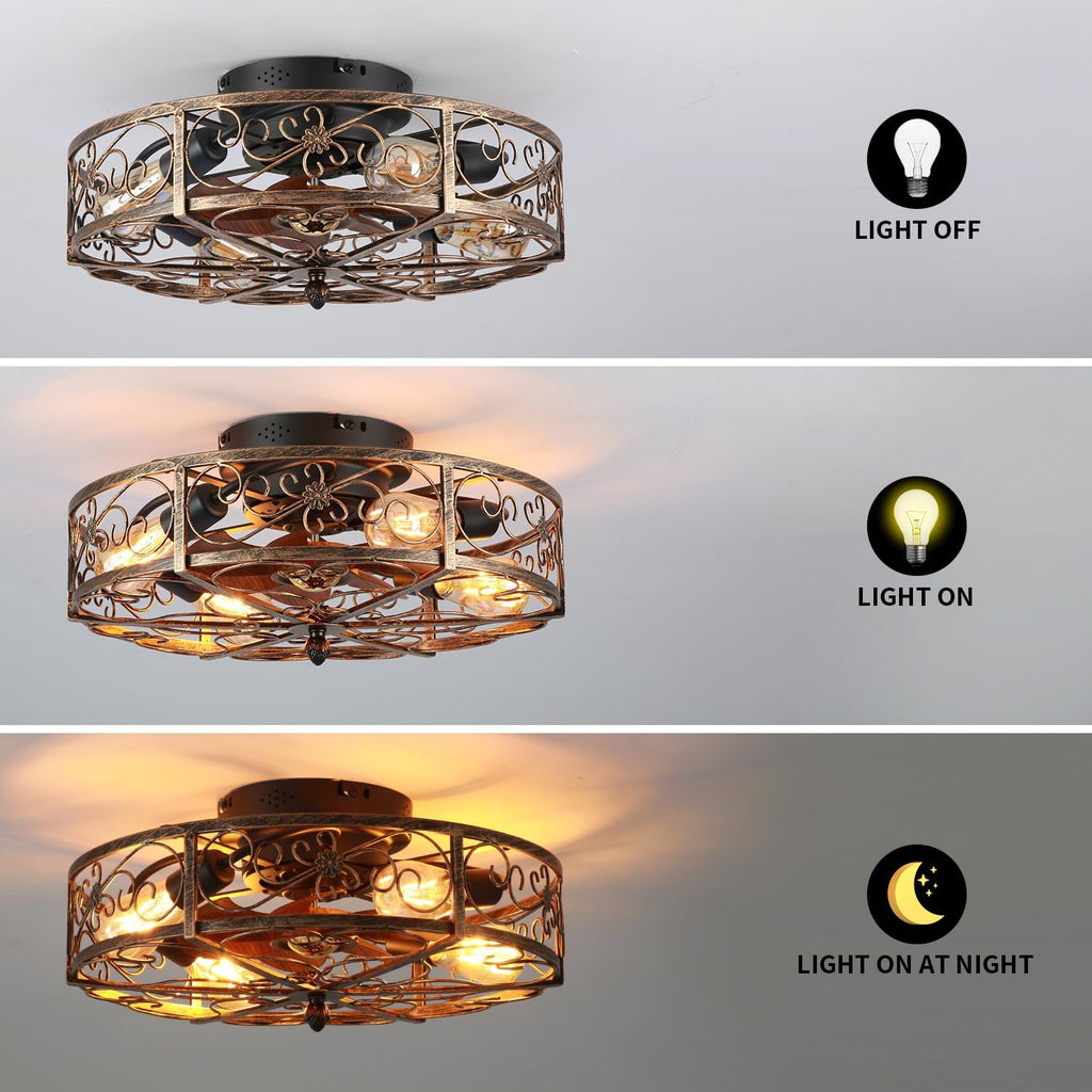 20'' Caged Ceiling Fan with Lights and Remote Control,Small Farmhouse Bladeless Low Profile Ceiling Fans Lights
