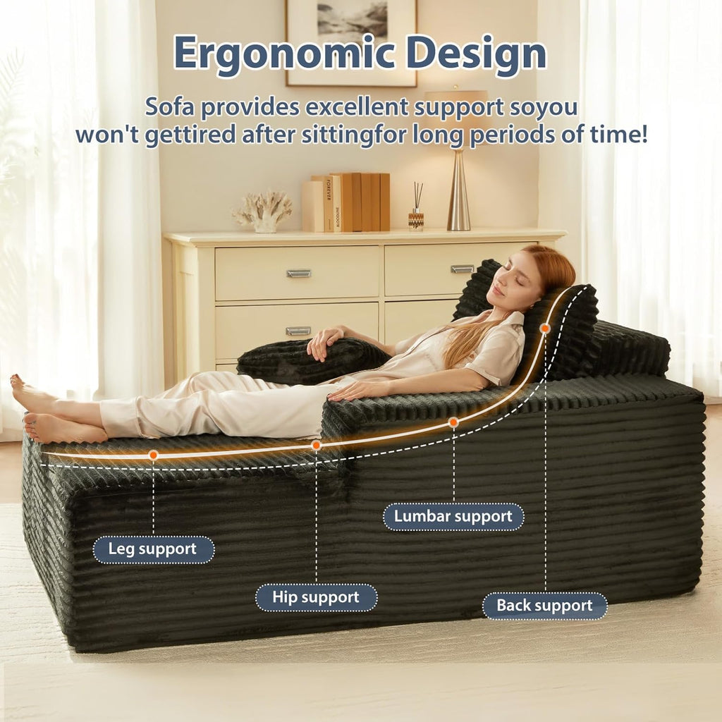 63'' Oversized Boneless Chaise Lounge Chair, Corduroy Fluffy Reading Couch, Deep Seat Sleeper Chair for Small Spaces