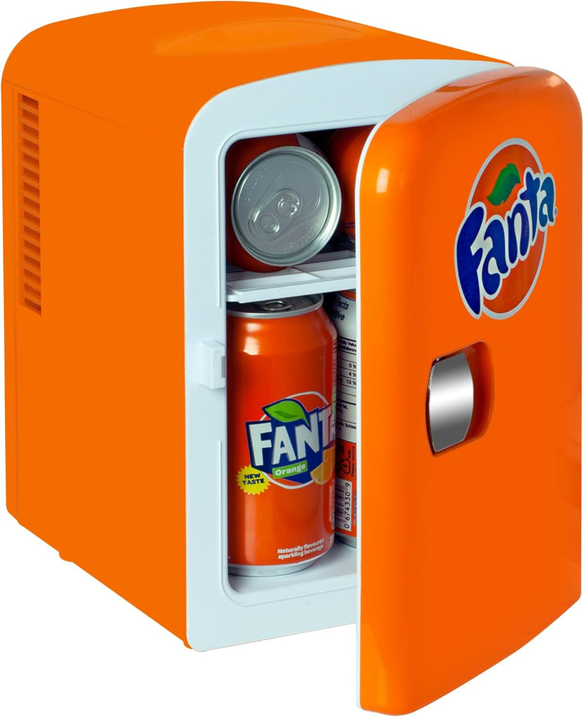 Fanta Mini Fridge - 6 Can Refrigerator for Bedroom Office, Portable Table Top Beverage Cooler, 12V 110V Refrigerador