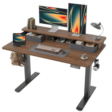 48 * 24 inch Standing Desk with Two Drawers&Top Shelf, Black Walnut