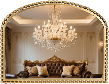 36x28 Inch Wide Arched Wall Mirror with Bold Antique Gold Beaded Frame, Decorative Mantel Mirror for Fireplace or