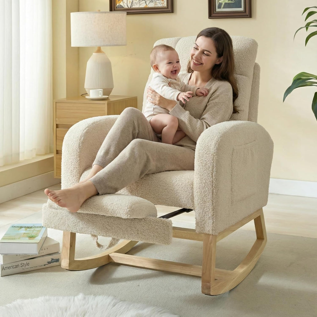 Modern Nursery Rocking Chair, Teddy Upholstered Rocking Chair with Footrest, Comfortable Rocker Glider with Side