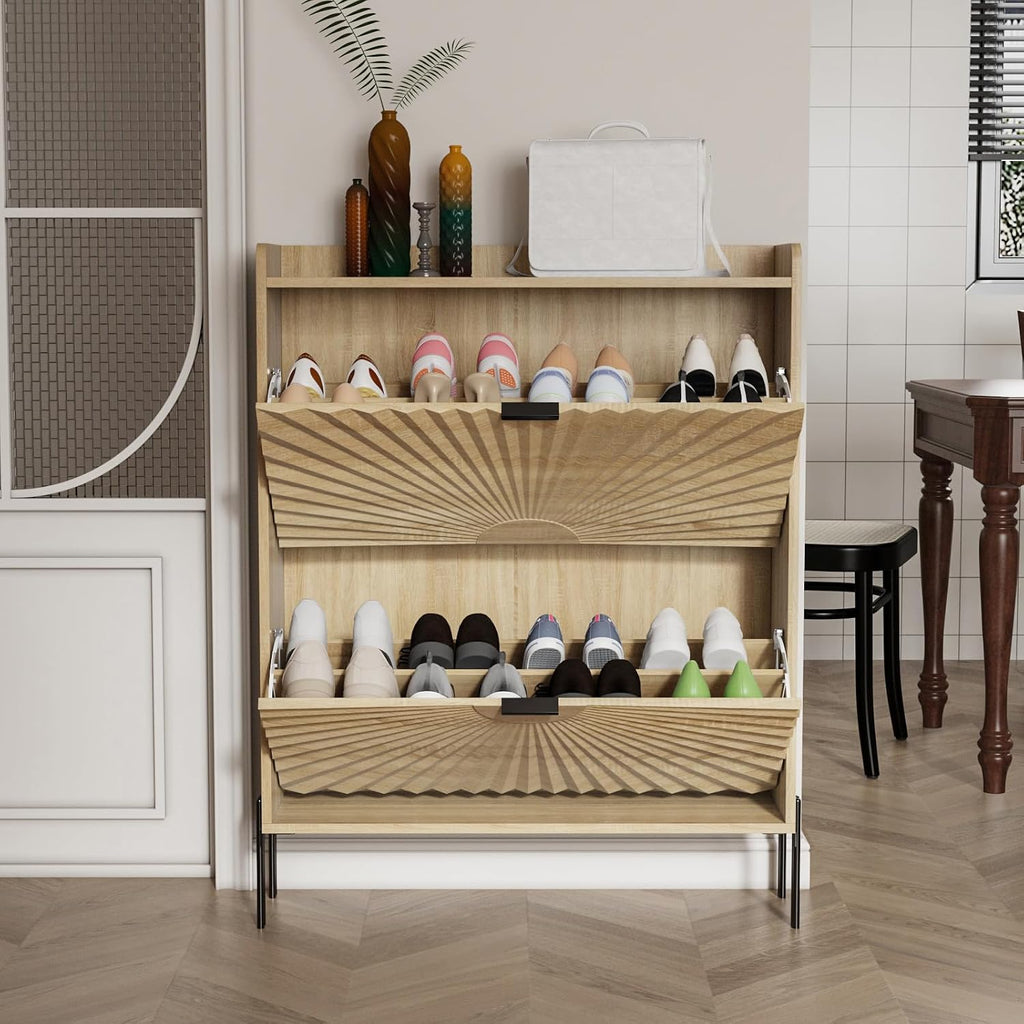 Two-Layer Shoe Cabinet with Two Flip Drawers,Wooden Thin Shoe Cabinet with Metal Handles and Metal Legs,Anti-Dump