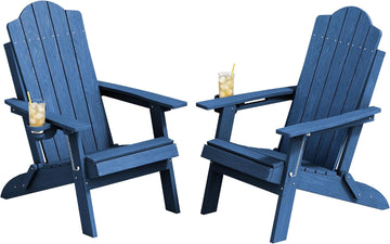 Folding Adirondack Chair Set of 2, Heavy-Duty 360LBS HDPE Outdoor Chair with Textured Wood-Grain Finish, Comfortable