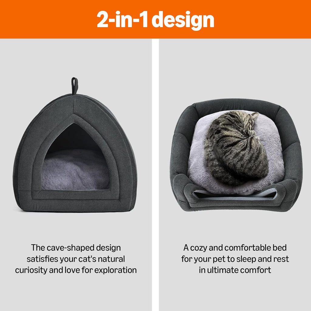 Cat Cave Bed, 2-in-1 Foldable House for Indoor Cats, with Washable Cushion and Non-Slip Base, 15 x 15 Inches, Small