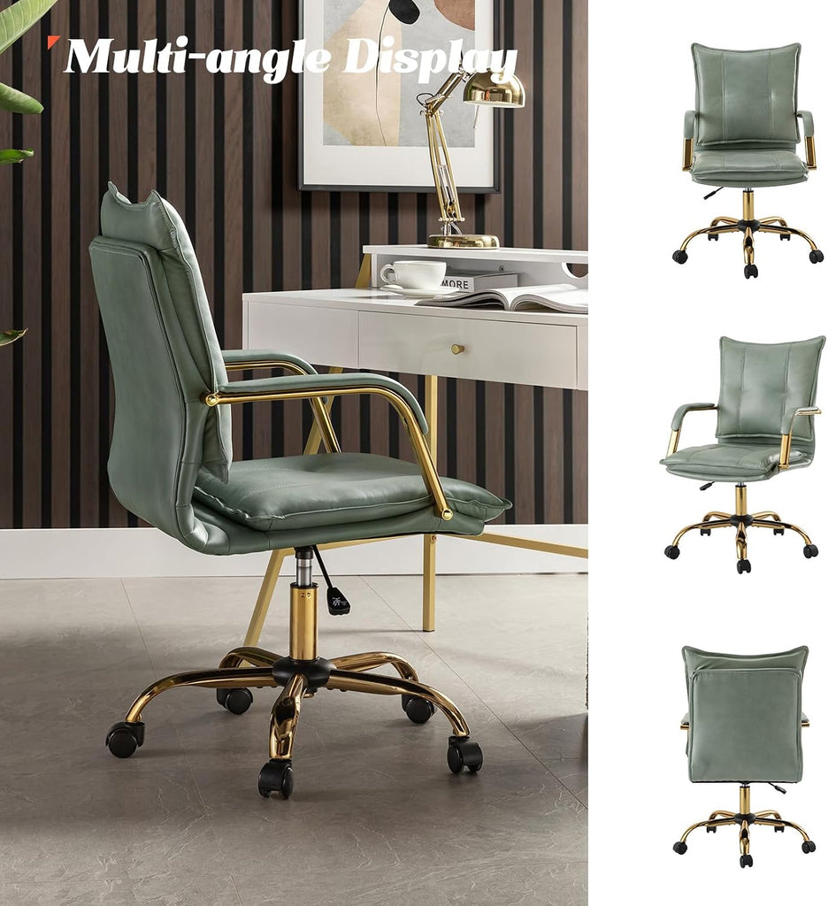 Faux Leather Home Office Desk Chair, Adjustable Swivel Computer Chair with Golden Legs and Arms, Comfy Upholstered