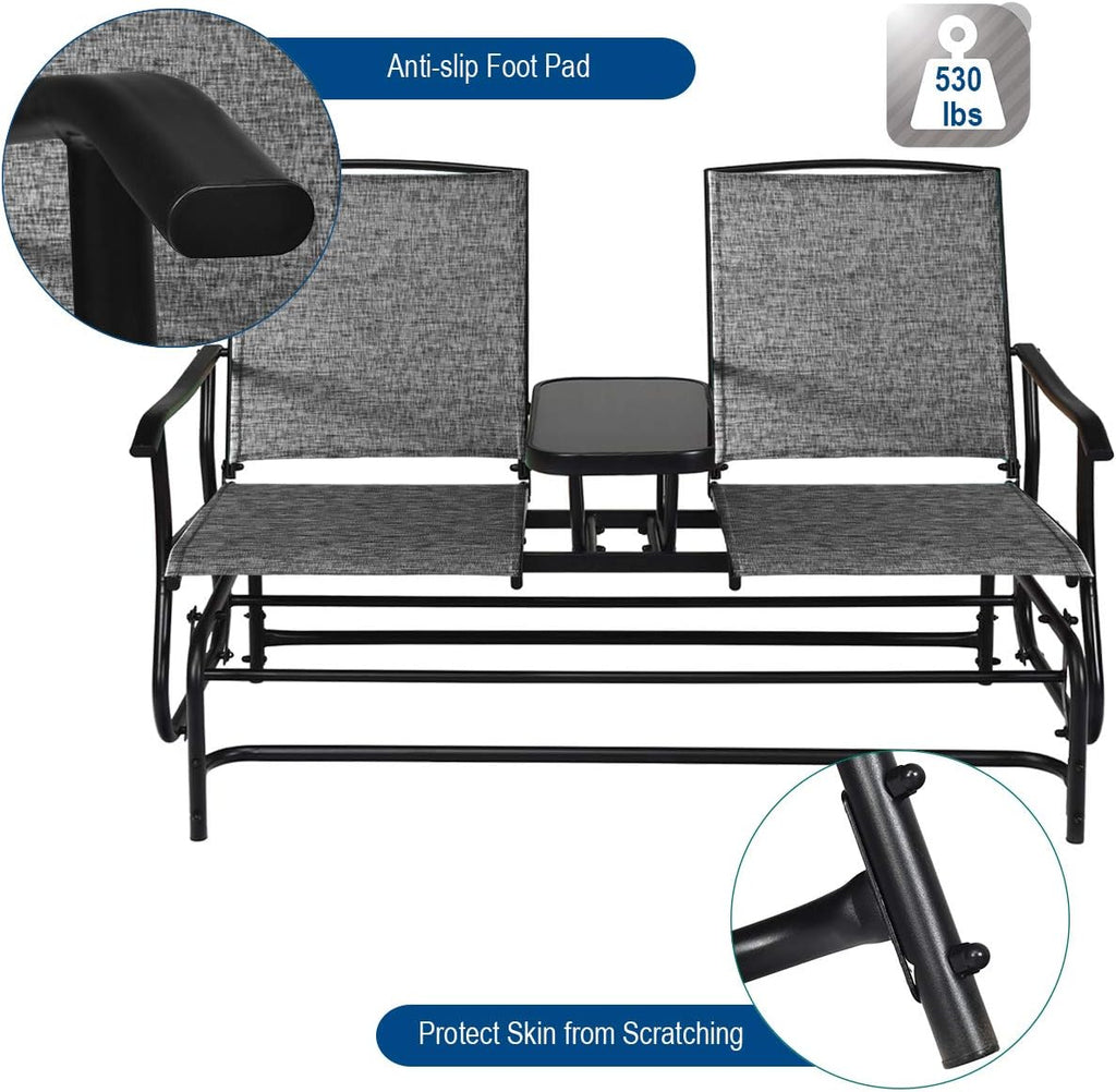 Patio Bench Glider Chair with Metal Frame, Center Tempered Glass Table, Outside Double Rocking Swing Loveseat for