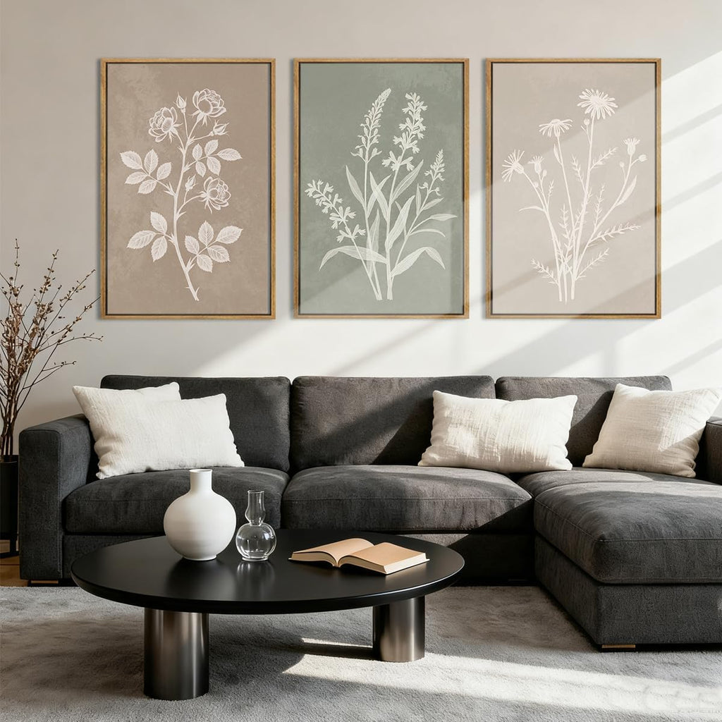Extra Large Boho Botanical Framed Wall Art Farmhouse Floral Canvas Wall Decor Neutral Minimalist Plant