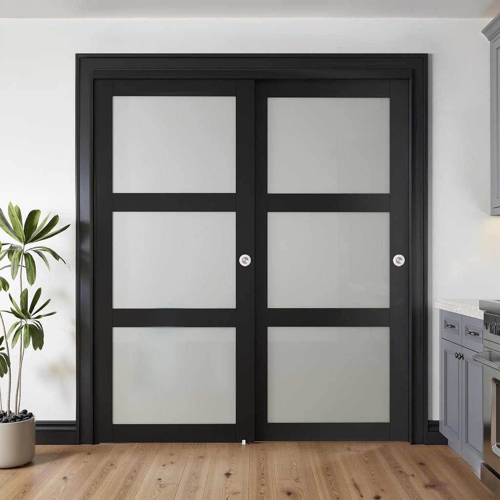 Sliding Closet Door for 72" x 80" Opening, 3-Lite Frosted Glass MDF Barn Door with Hardware Kit Set,