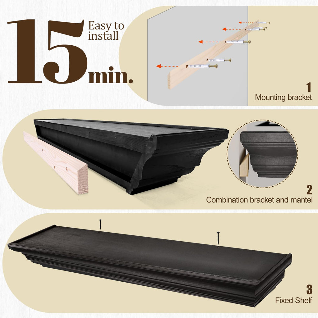 Rustic Fireplace Mantel 72", Solid Wood Floating Shelf, Black