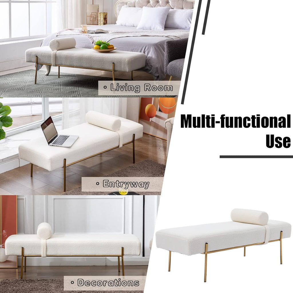 Modern End of Bed Bench, Upholstered Entryway Bench with Detachable Pillow , Faux Fur Ottoman Bench with Gold Metal