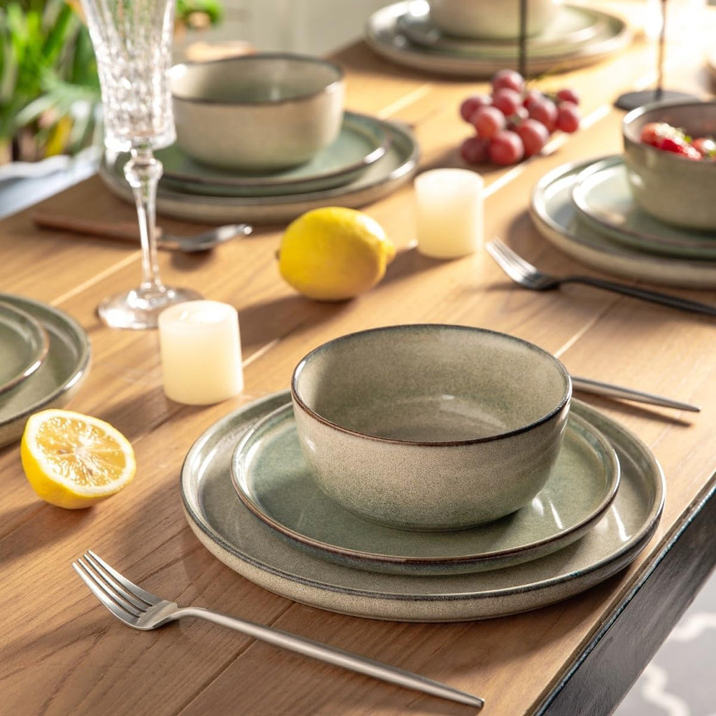 Stoneware Dinnerware Sets,Round Reactive Glaze Ceramic Plates and Bowls Sets,Highly Scratch Resistant | Dishwasher & Microwave Safe,Service for 8 Dishes Set (24pc)