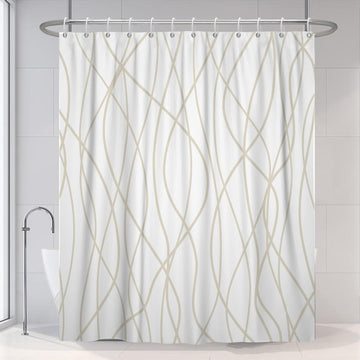 Beige Khaki Striped Long Shower Curtain 72"x78" | Modern Geometric Lines, Room Divider, Waterproof Machine Washable