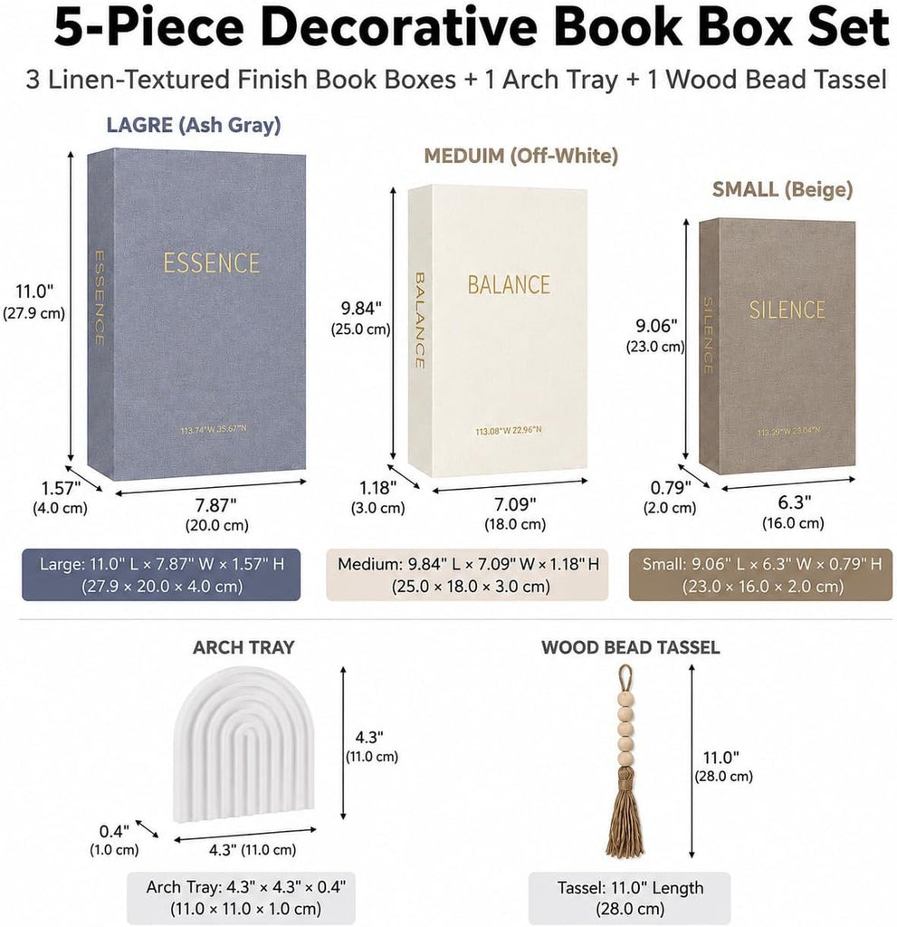 Decorative Linen Books Set of 3 with Tray and Wood Bead Tassel Ornament, Faux Books with Hidden Storage for Coffee