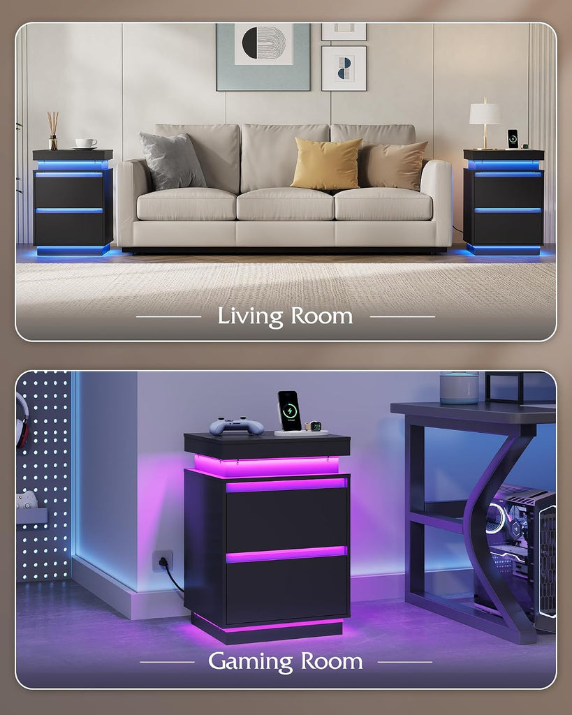 Black LED Nightstand with Charging Station, 26 Inches Night Stand with Sliding Top, 2 Drawers, 29 Colors and