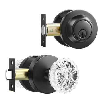 Crystal Glass Passage Door Knob and Single Cylinder Deadbolt Combo Set