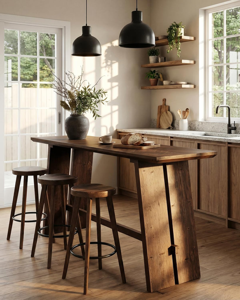 Solid Wood Bar Table, 61" Counter Height Table with Parquet Design Tabletop, Modern Farmhouse Kitchen Bar Table