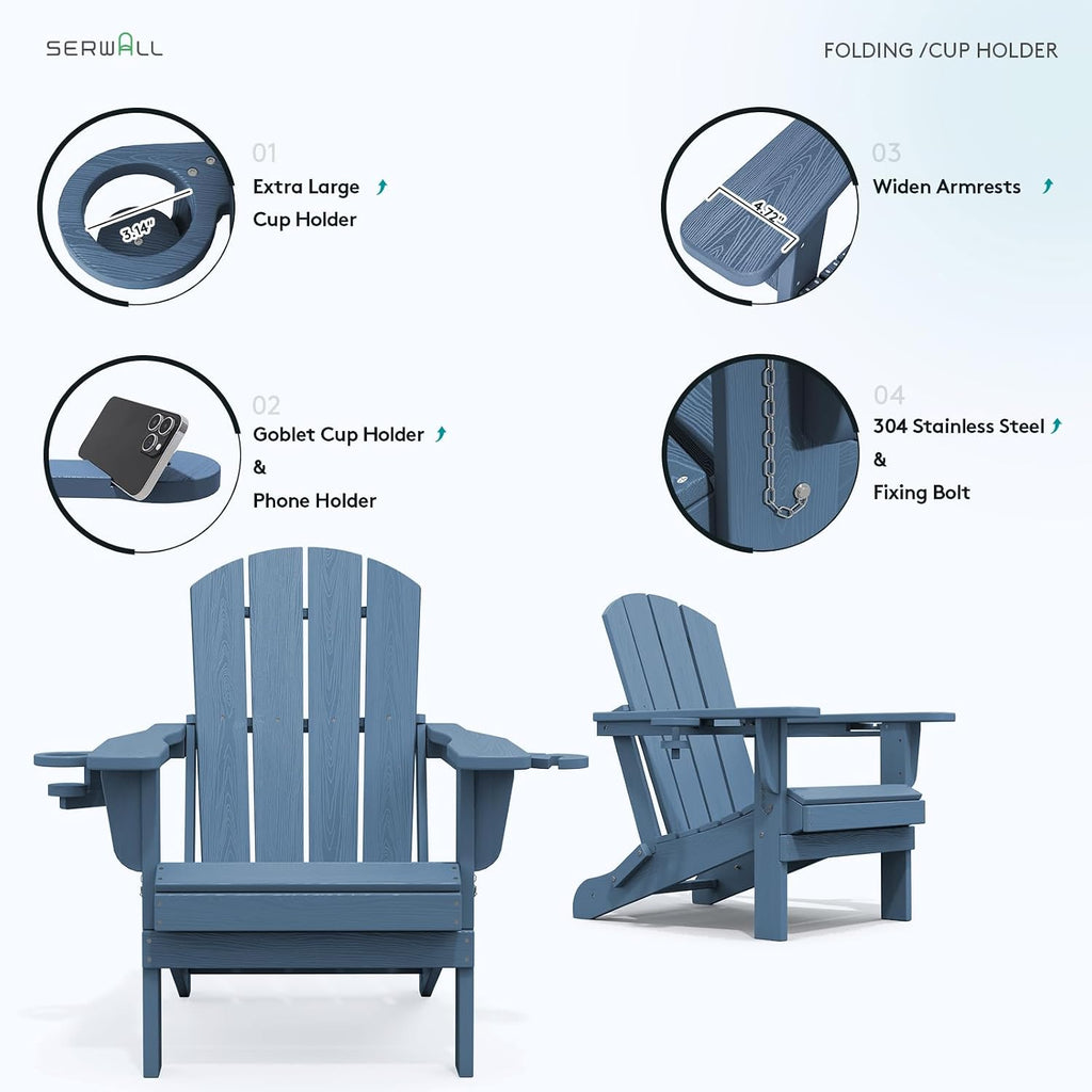 Outdoor Adirondack Chairs Set of 2 with 2 Cup Holders,Foldable,Blue | HDPE Composite,Waterproof,Wood Grain,Cup &