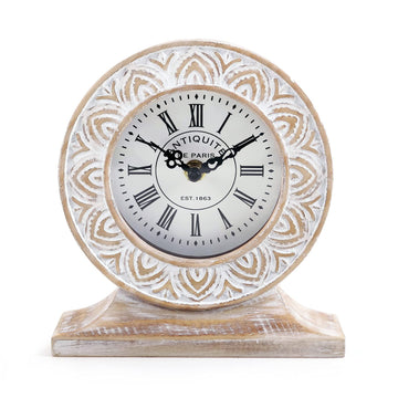 Hand Carved Wood Table Clock, Shelf Desk Top Clock Battery Operated Boho Design, Vintage Home Decor for Fireplace