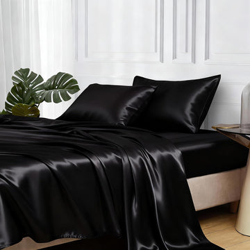 Satin Bed Sheets, Sheets Set, 4 Pcs Silky Bedding Set with Elastic Corner Straps and 15 Inches Deep Pocket