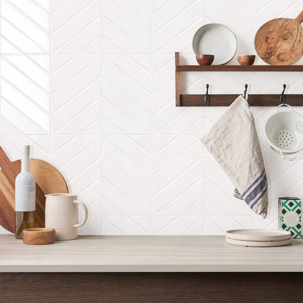 Herringbone Peel and Stick Backsplash, Pure White, 10 Sheets