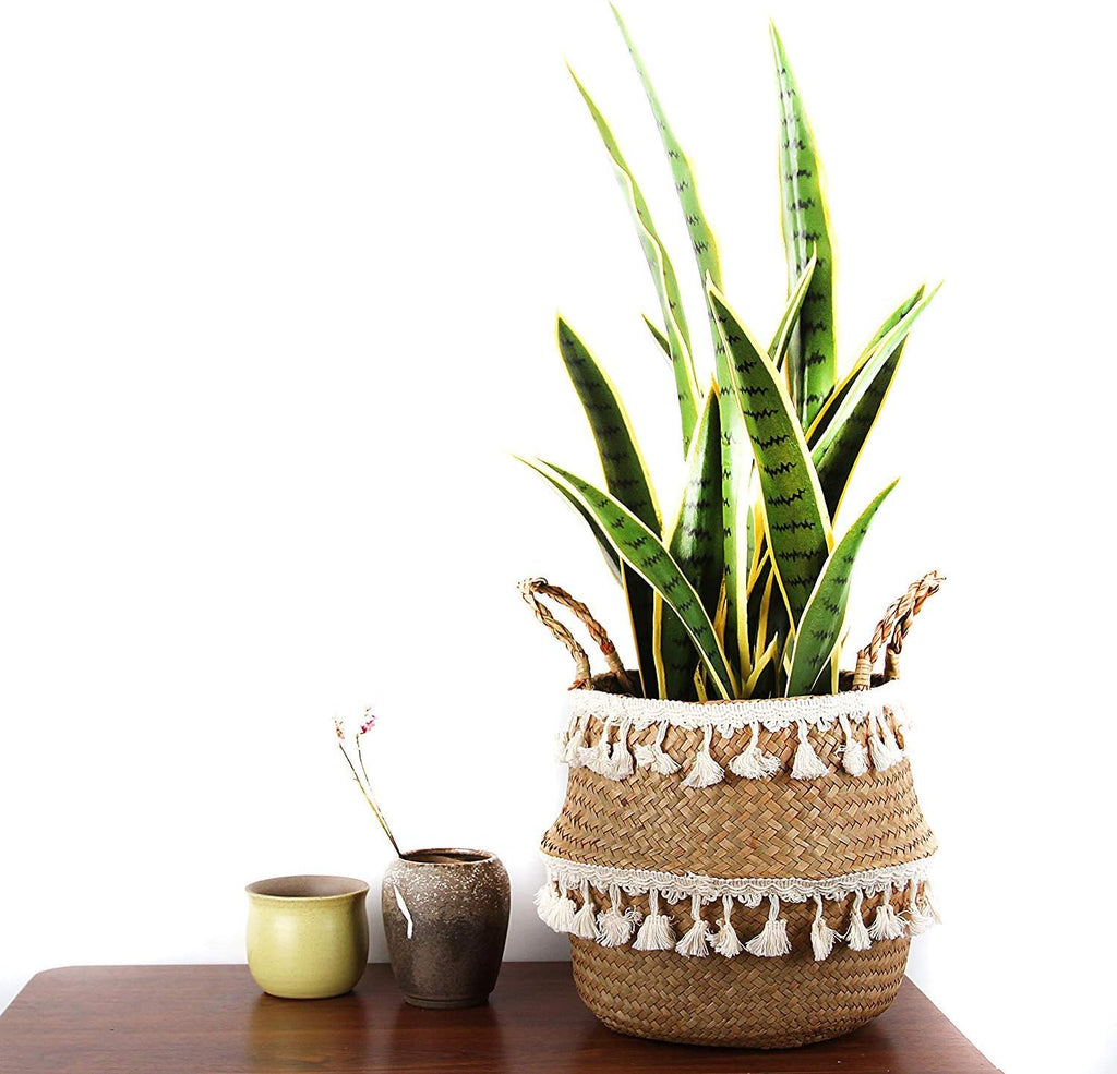 Tassel Macrame Woven Seagrass Belly Basket for Storage, Decoration, Laundry, Picnic, Plant Basin Cover, Groceries and