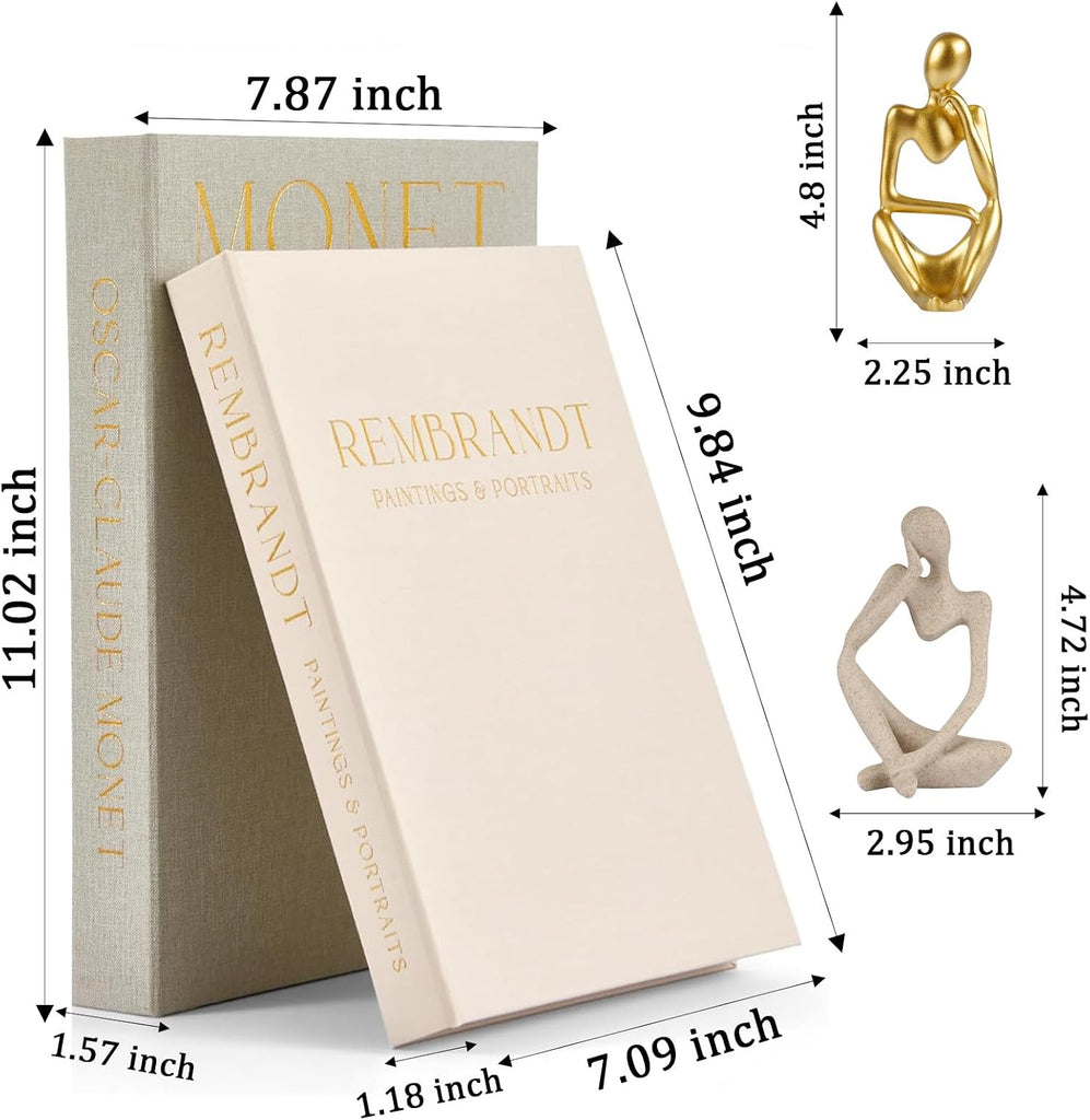 Decorative Books & Thinker Sculptures Set - Linen Boxes & Resin Figurines Enhance Your Coffee Table, Bookshelf or