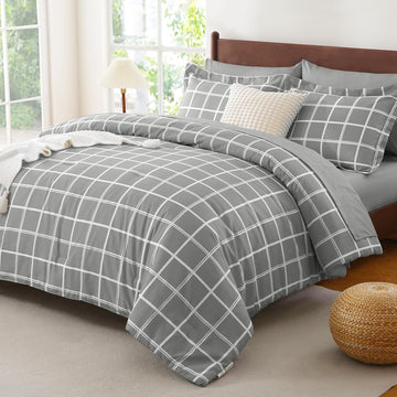 Queen Comforter Set with Sheets - 7 Pieces Plaid Bed in a Bag Set Grey