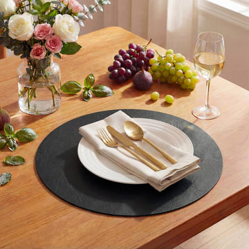 Black Faux Leather Placemats Set of 4, 15 Inch Waterproof Wipeable Heat Resistant Vinyl Place Mats, Reversible Table