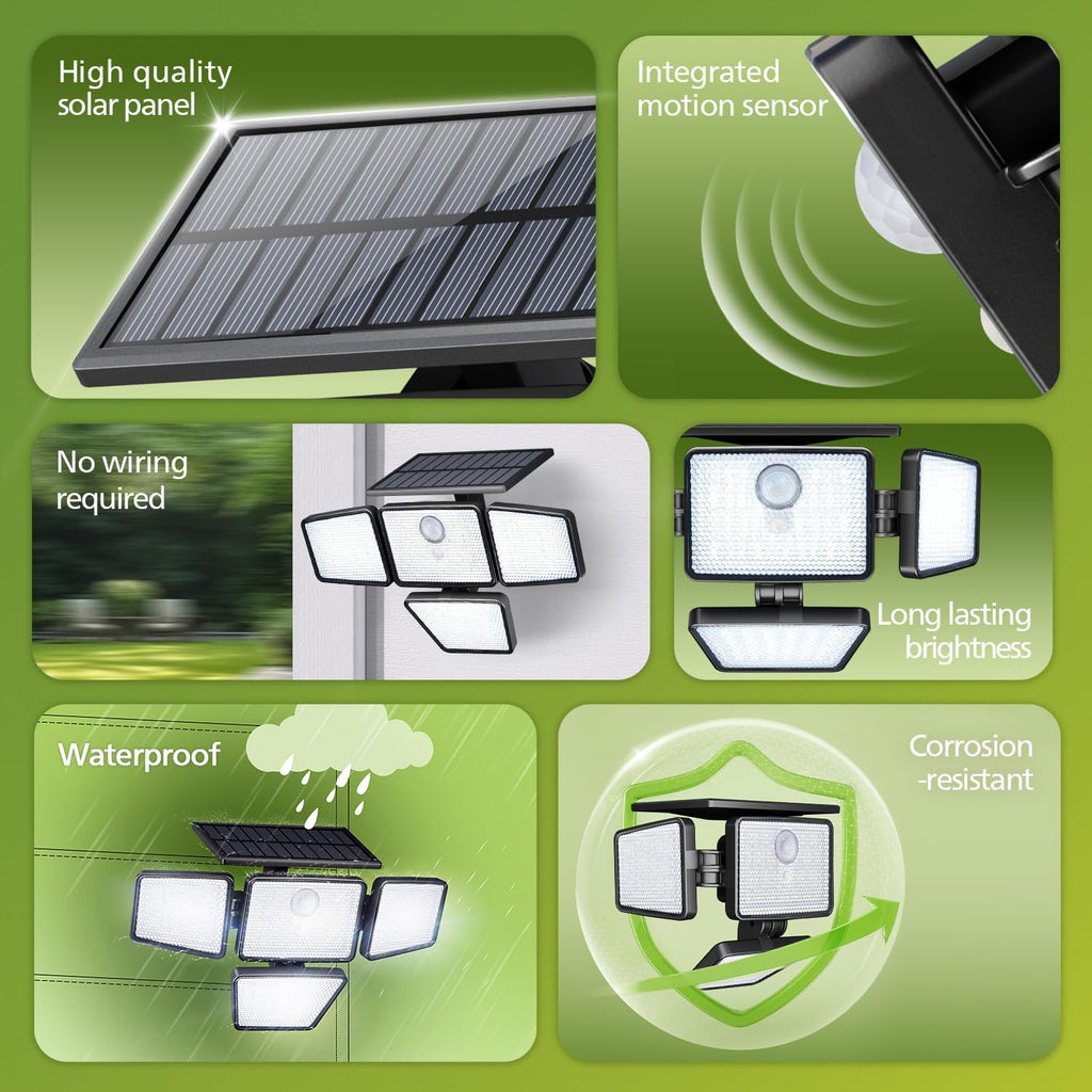 Solar Security Light Outdoor, 196 LED Wall-Mounted Flood Light w/PIR Motion Sensor, 3 Modes, 4 Adjustable Heads