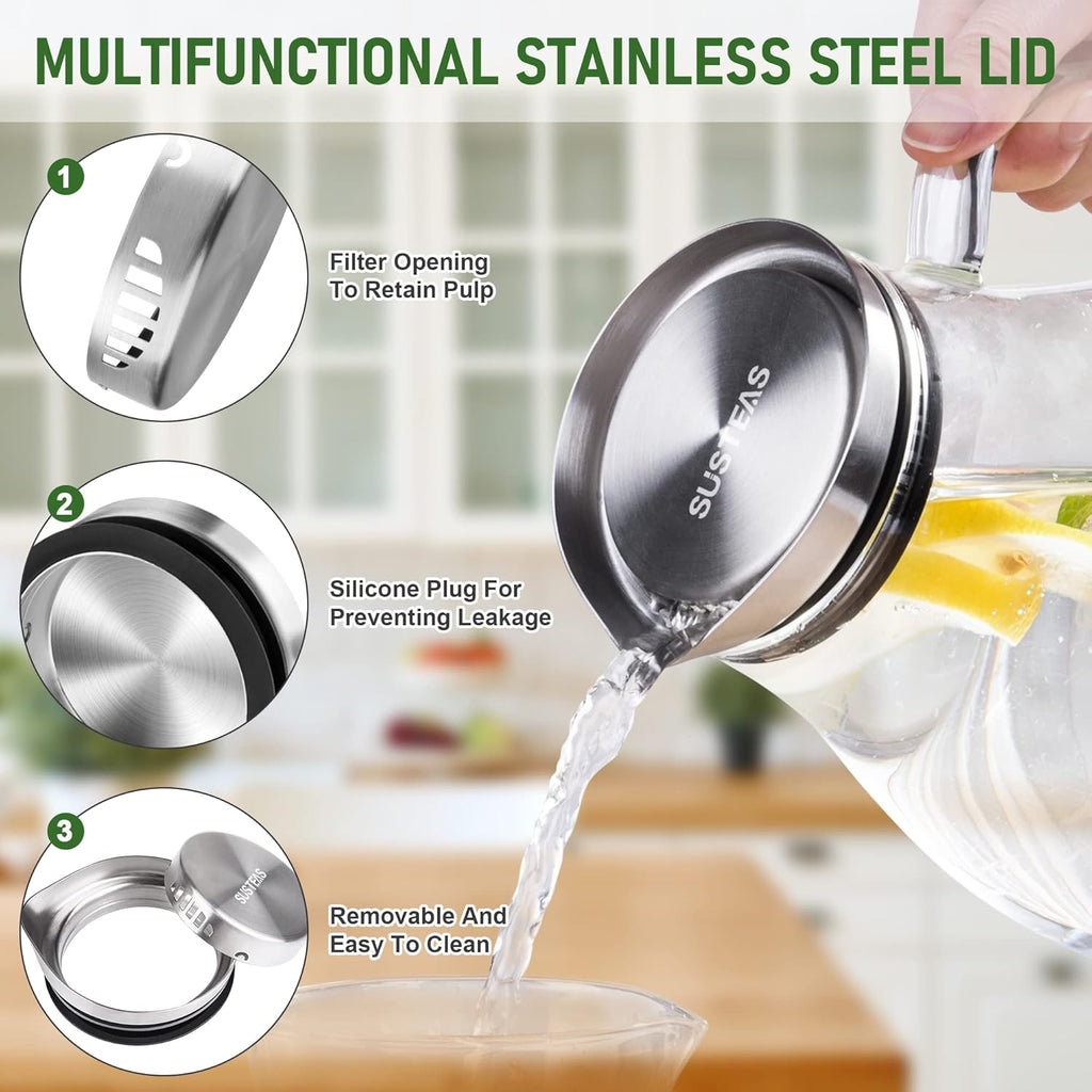 2 Liter Glass Pitcher, Water Pitcher with Removable Lid And Wide Handle, Easy Clean Juice Jug for Fridge, Beverage